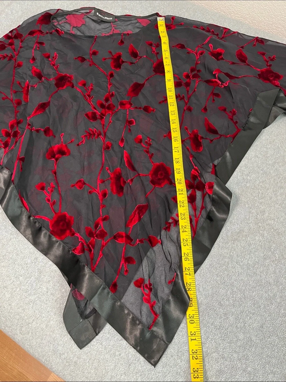 Black Sheer Poncho Coverup Red Velvet Floral Burnout Large Whimsigoth Dark Vamp